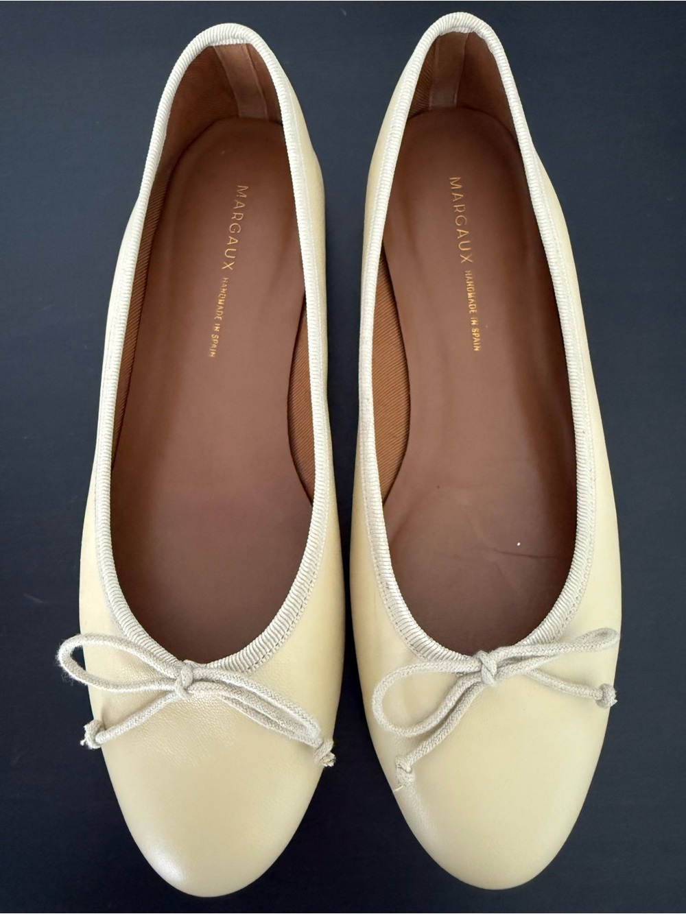 Margaux Cream Leather Ballet Flats with Bow Trim